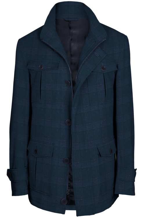 Blue Donegal Plaid Five Button Field Jacket