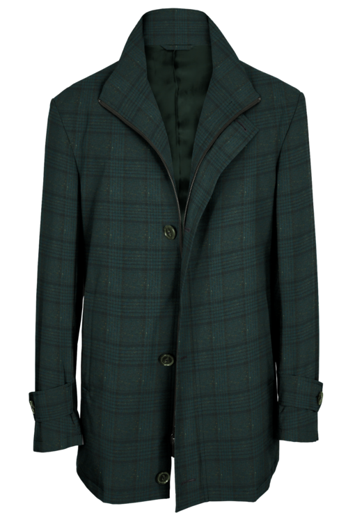 Green Donegal Plaid Four Button Zippered Car Coat