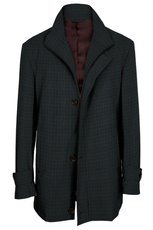 Brown Donegal Window Check Four Button Zippered Car Coat