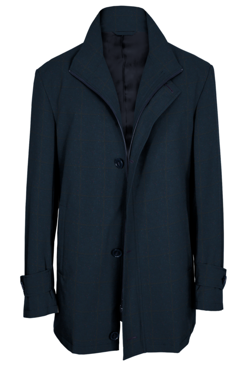 Navy Donegal Windowpane Four Button Zippered Car Coat