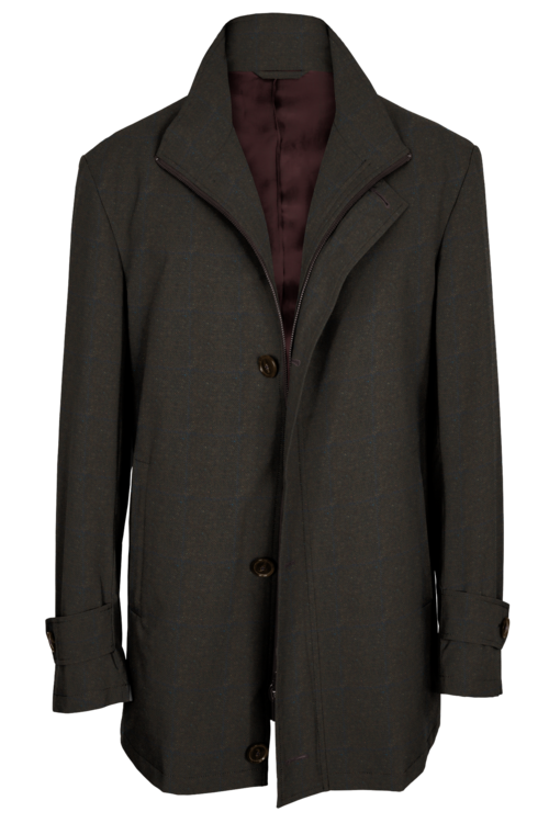 Brown Donegal Windowpane Four Button Zippered Car Coat