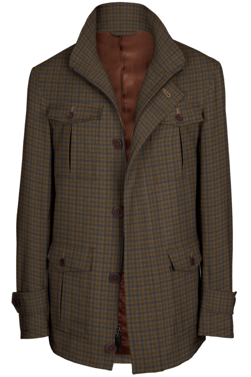 Tan Blue Check Five Button Field Jacket