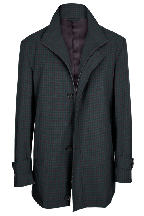 Grey Wine Check Four Button Zippered Car Coat