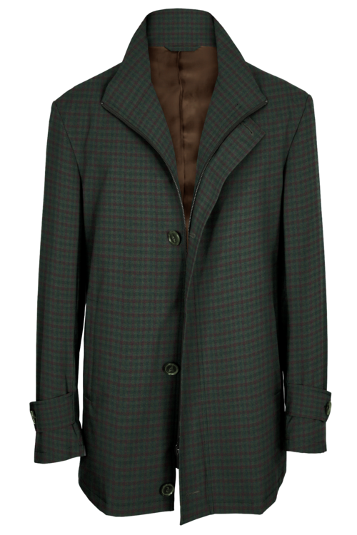 Olive Wine Check Four Button Zippered Car Coat