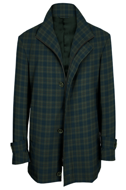 Green Navy Check Four Button Zippered Car Coat