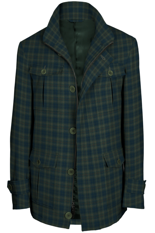 Green Navy Check Five Button Field Jacket