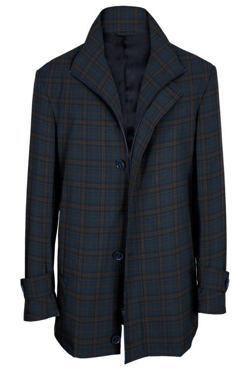 Blue Copper Plaid Four Button Zippered Car Coat