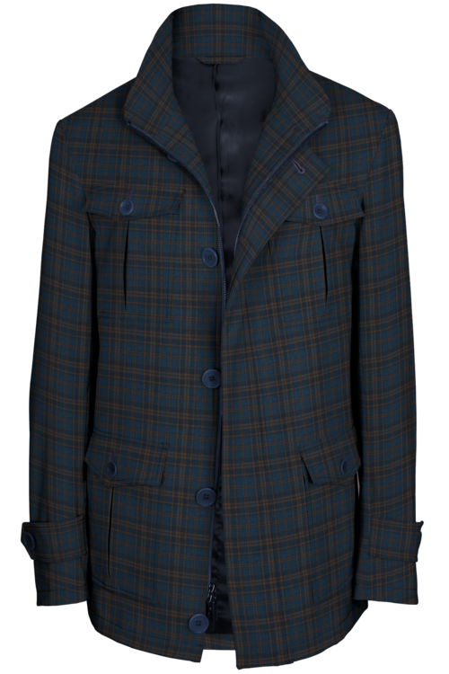 Blue Copper Plaid Five Button Field Jacket