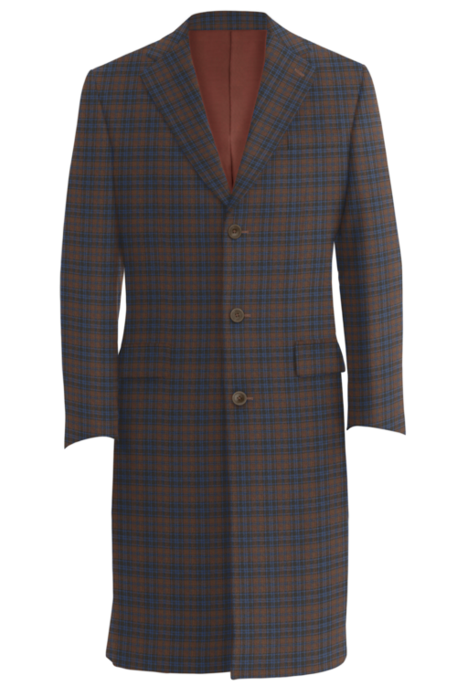 Brown Blue Plaid Three Button Topcoat