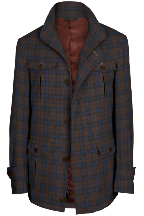 Brown Blue Plaid Five Button Field Jacket