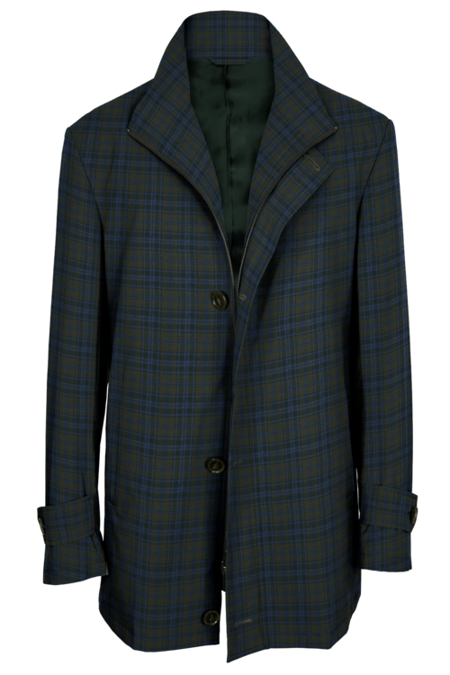 Olive Blue Plaid Four Button Zippered Car Coat