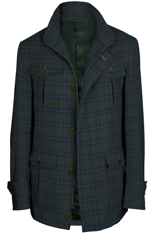 Olive Blue Plaid Five Button Field Jacket