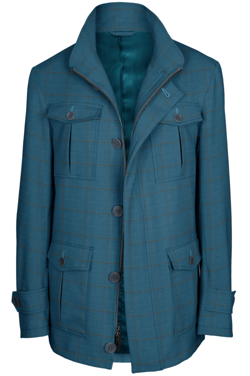 Turquoise Tan Windowpane Five Button Field Jacket