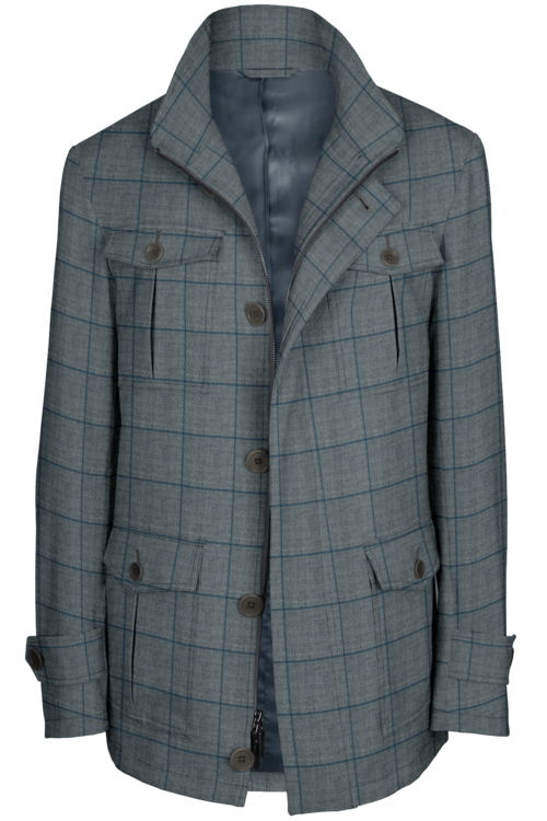 Lt Grey Navy Windowpane Five Button Field Jacket