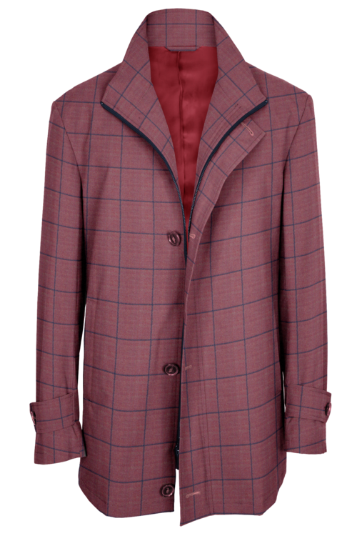 Pink Blue Windowpane Four Button Zippered Car Coat