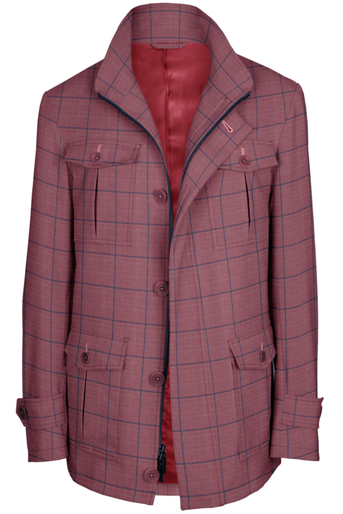 Pink Blue Windowpane Five Button Field Jacket