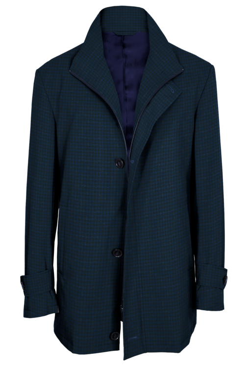 Navy Black Houndstooth Four Button Zippered Car Coat