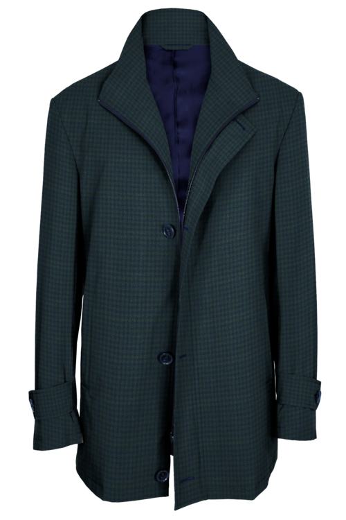 Navy Green Houndstooth Four Button Zippered Car Coat