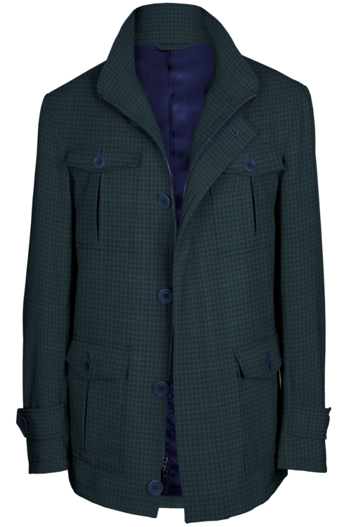 Navy Green Houndstooth Five Button Field Jacket