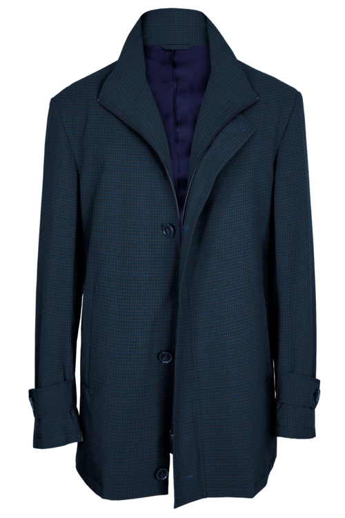 Blue Multi Houndstooth Four Button Zippered Car Coat
