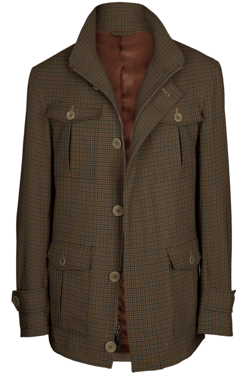 Tan Brown Houndstooth Five Button Field Jacket