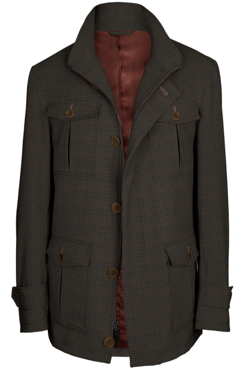 Brown Blue Houndstooth Five Button Field Jacket