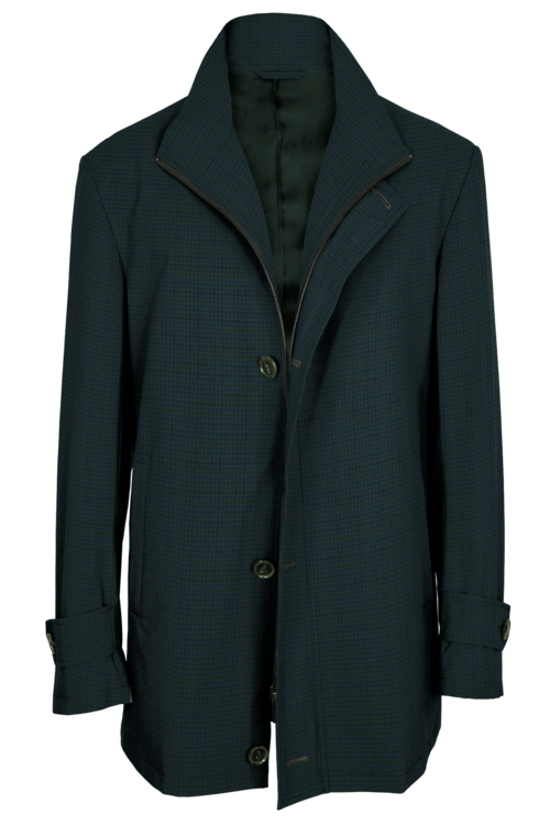 Green Blue Houndstooth Four Button Zippered Car Coat