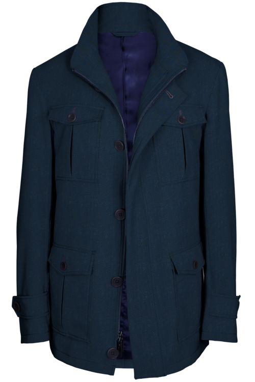 Navy Wide Herringbone Five Button Field Jacket
