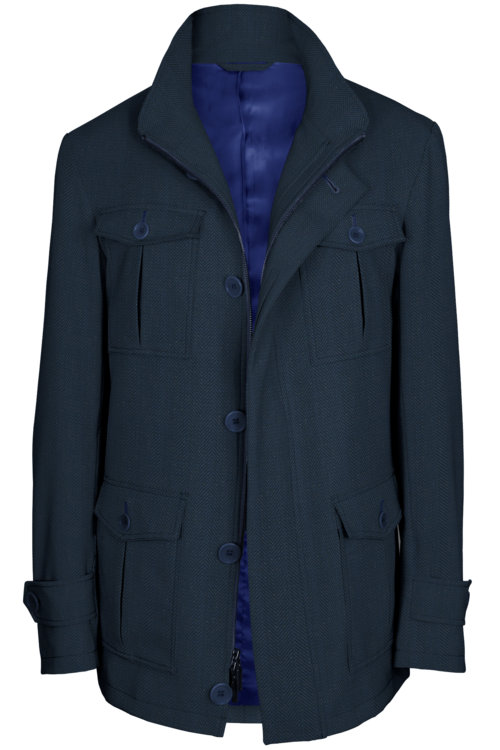 Blue Wide Herringbone Five Button Field Jacket