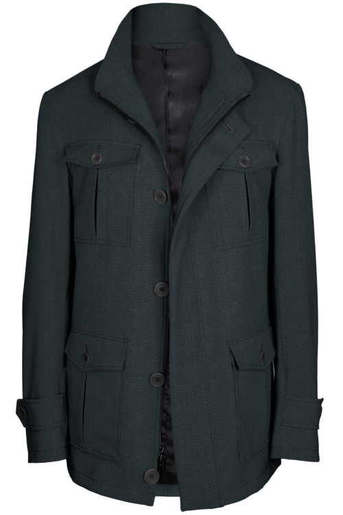 Grey Wide Herringbone Five Button Field Jacket