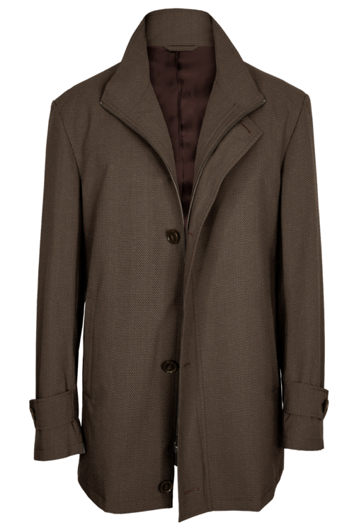 Tan Wide Herringbone Four Button Zippered Car Coat