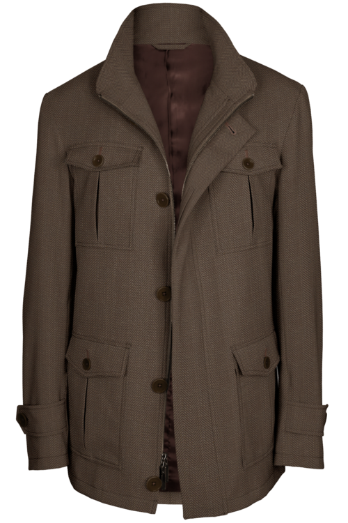 Tan Wide Herringbone Five Button Field Jacket
