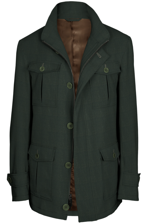 Olive Wide Herringbone Five Button Field Jacket