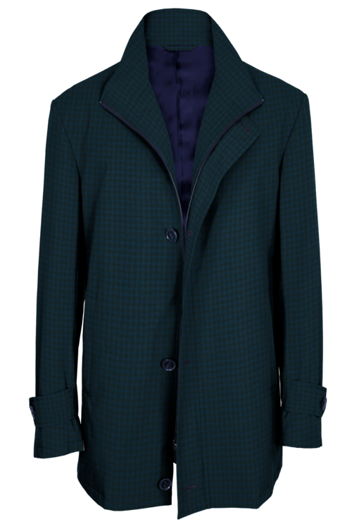 Blue Check Four Button Zippered Car Coat