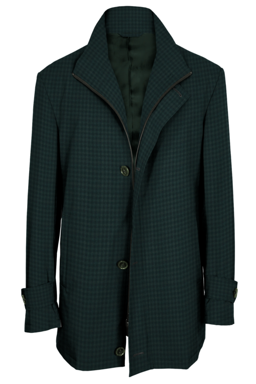 Green Check Four Button Zippered Car Coat