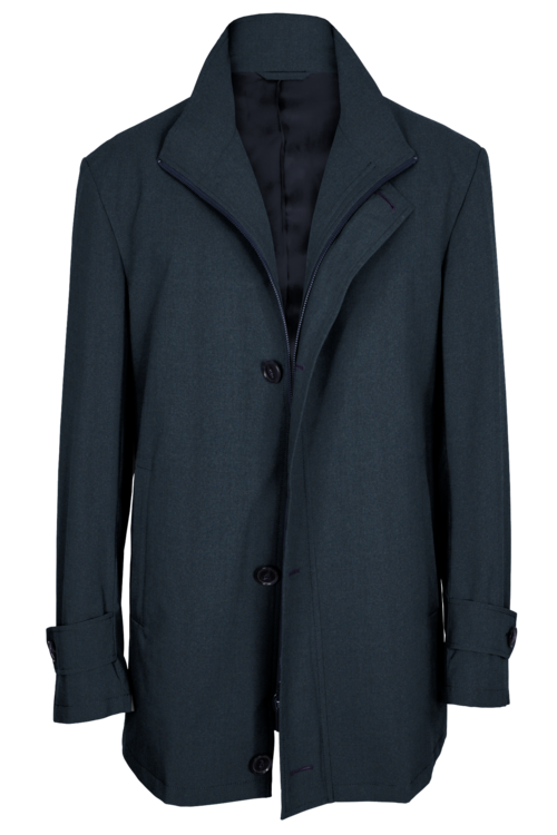 Char Blue Melange Four Button Zippered Car Coat