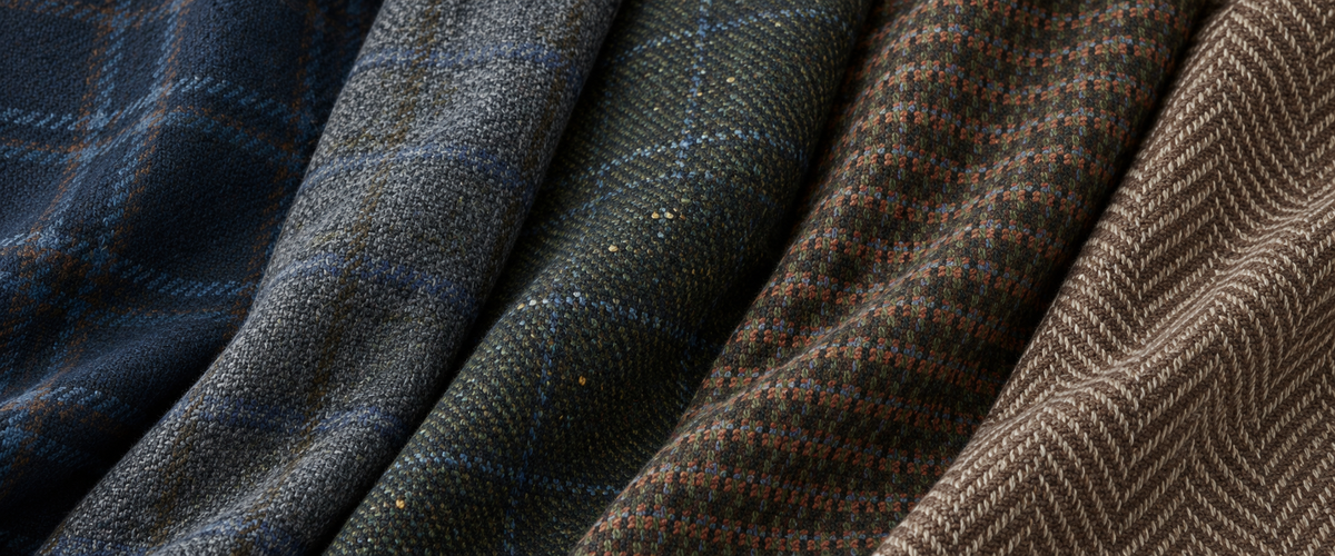 Folded navy plaid, grey blue check, olive Donegal, brown houndstooth, and tan herringbone wool fabrics