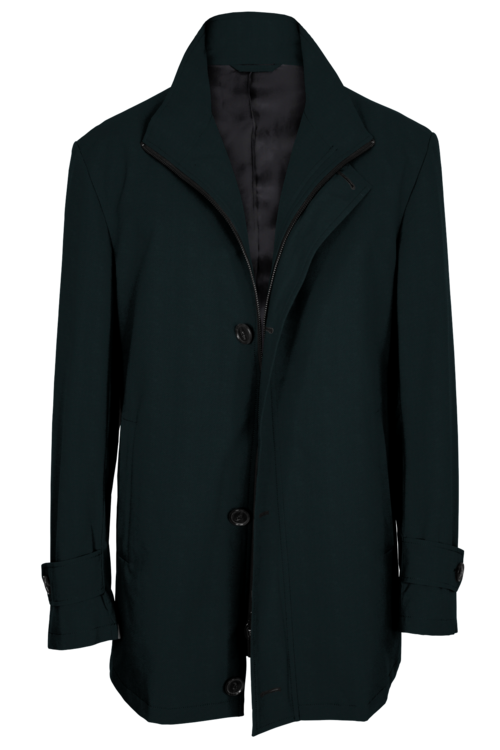 Black Herringbone Four Button Zippered Car Coat