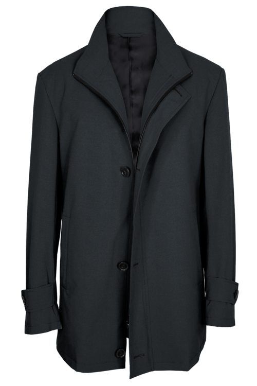 Black Twill Four Button Zippered Car Coat