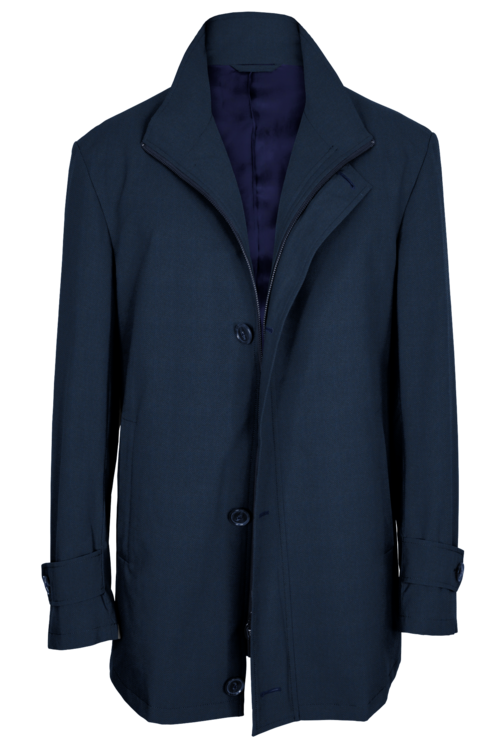 Blue Herringbone Four Button Zippered Car Coat