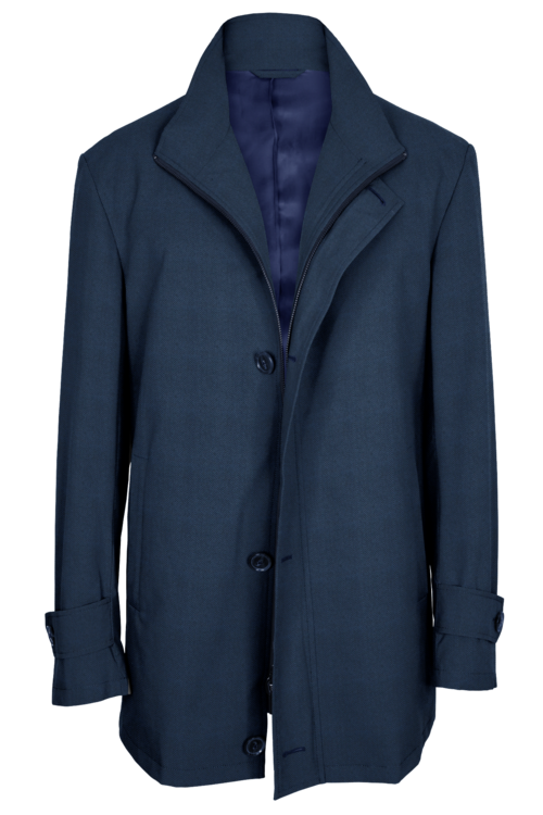 Light Blue Herringbone Four Button Zippered Car Coat