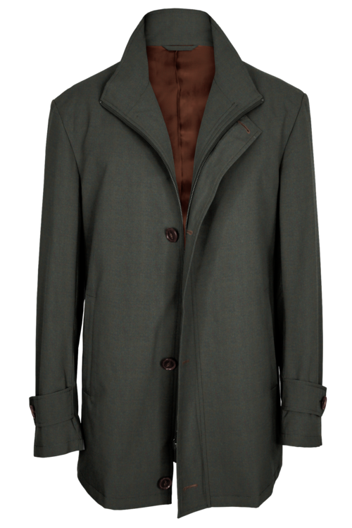 Moss Twill Four Button Zippered Car Coat