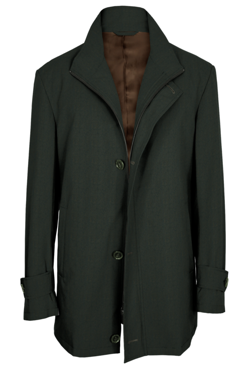 Olive Herringbone Four Button Zippered Car Coat