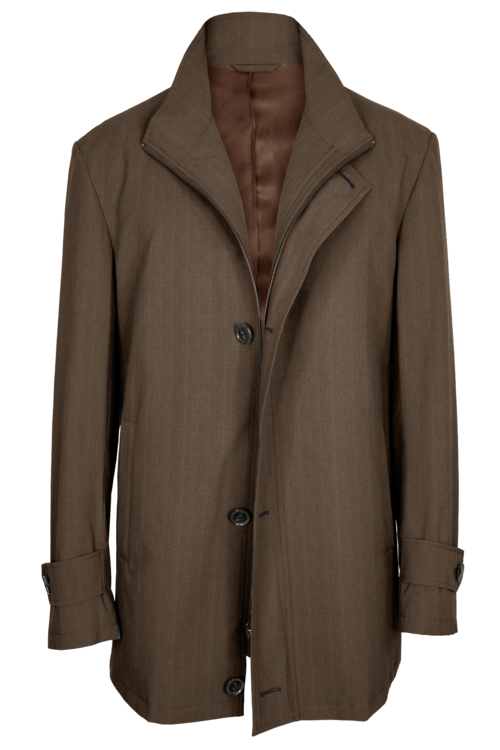 Tan Herringbone Four Button Zippered Car Coat