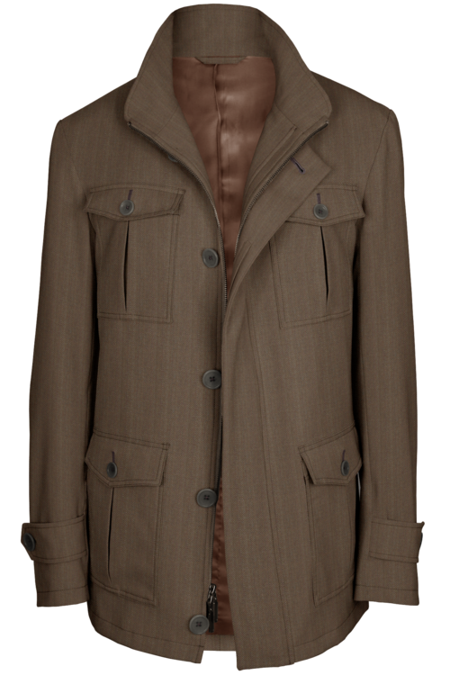 Tan Herringbone Five Button Field Jacket