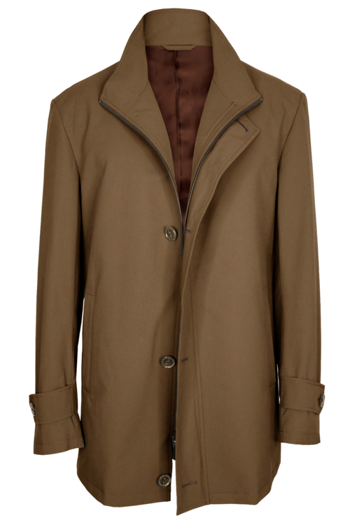 Tan Solid Four Button Zippered Car Coat