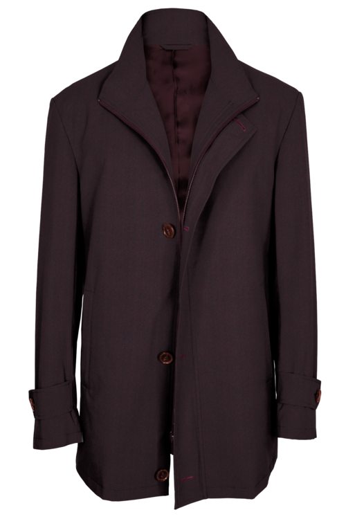 Wine Herringbone Four Button Zippered Car Coat