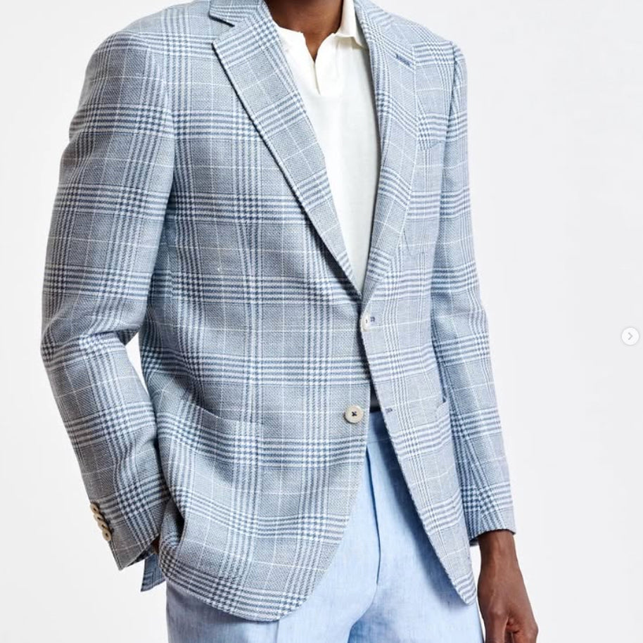 Scabal blue-gray windowpane sport coat in premium Belgian fabric, featuring a classic plaid pattern and sophisticated styling for custom clothing and executive wardrobes.