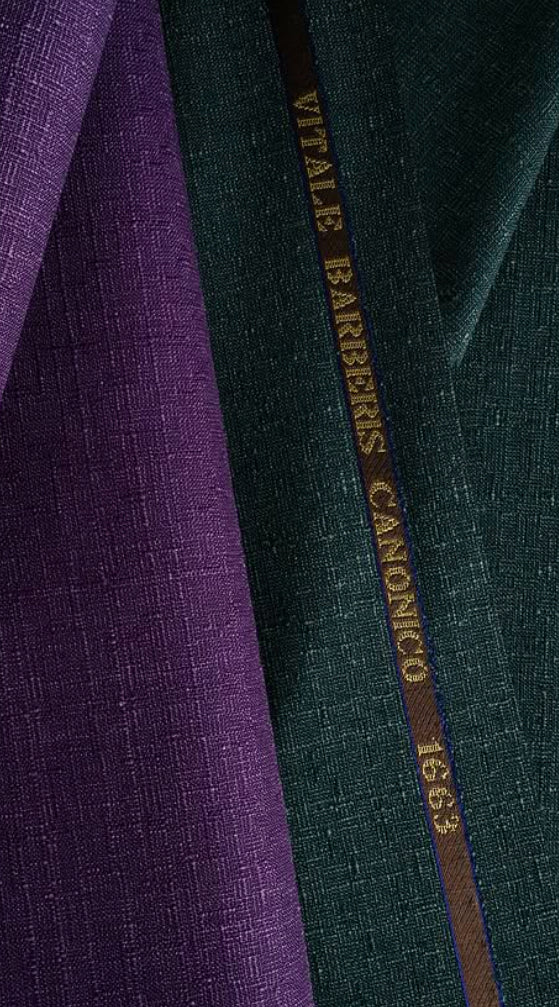 Purple and deep green Vitale Barberis Canonico wool fabrics showcasing rich texture, elegant drape, and the exceptional craftsmanship of Italian cloth.